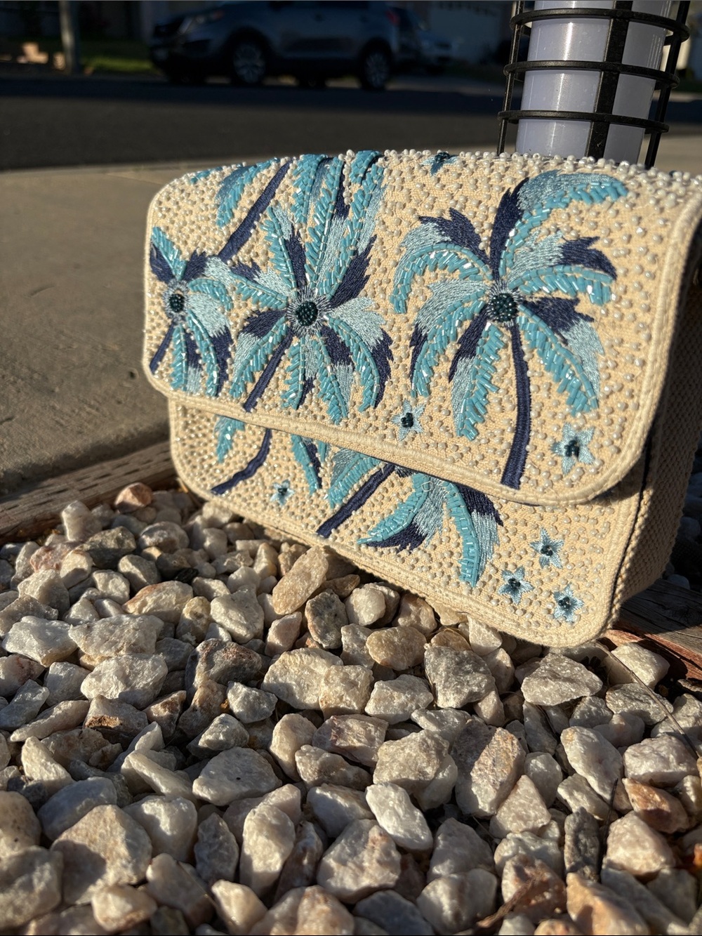 Beaded Palm Embroidered Clutch in Cream and Blue